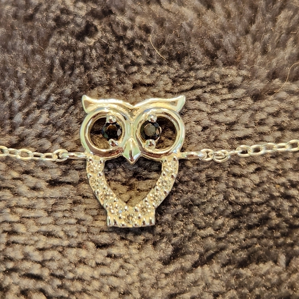 Sterling Silver Owl Bracelet 7" With Black Rhinestone Eyes 925